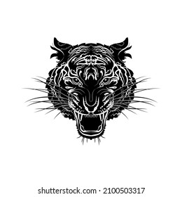 Black silhouette of the tiger head on white background. Graphic drawing. Vector illustration.