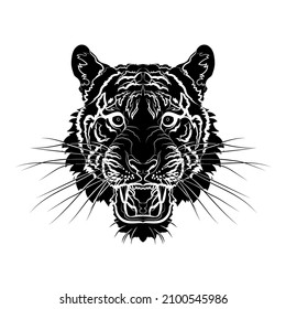 Black silhouette of the tiger head on white background. Graphic drawing. Vector illustration.