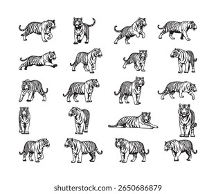 Black Silhouette Tiger Icons, Diverse Poses and Majestic Wildlife Set