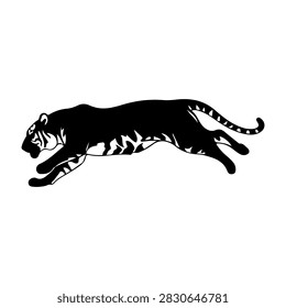 A black silhouette of a tiger in mid-run, showcasing agility and power, set against a plain white background for striking visual impact.