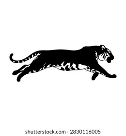 A black silhouette of a tiger in mid-stride, capturing the dynamic movement and sleek form of this powerful big cat.