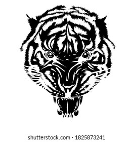 black silhouette Tiger tattoo. Vector illustration of a tiger head. Tiger anger.