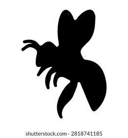 A black silhouette of a tiny insect with wings and legs, set against a plain white background, highlighting its shape and form.