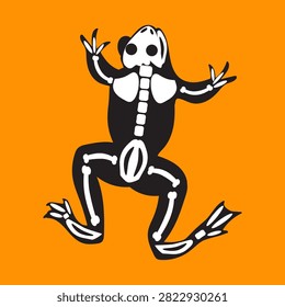 Black silhouette toad animal body, fairy tale Halloween character in X-ray radiation. Creepy shadow outline of nocturnal frog scarecrow. Black and white vector isolated on orange background