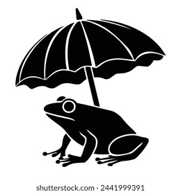 Black silhouette of a toad with umbrella with outline thick white background