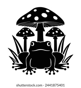 Black silhouette of Toad under Mushroom bunch in nature art illustration