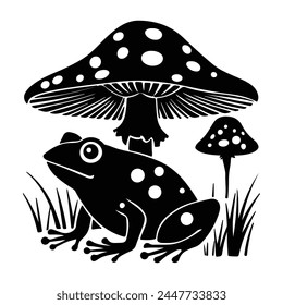 Black silhouette of A Toad under the mushroom art illustration