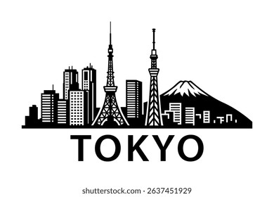 Black silhouette of Tokyo cityscape featuring Tokyo Tower, Skytree, and Mount Fuji