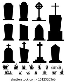 Black silhouette tombstone set for halloween holiday isolated on white background. Different gravestone with grass cemetery collection. Vector flat cartoon style illustration. Graphic design element.