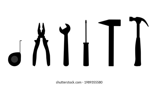Black silhouette tools icon set.  Collection of repair equipment