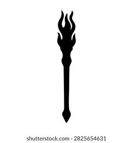 A black silhouette of a torch with flames, symbolizing fire, light, and energy, set against a plain background for versatile use.