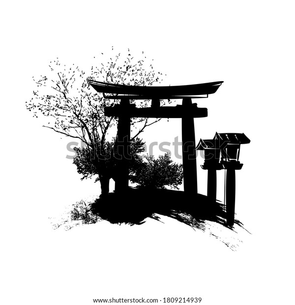 Black Silhouette Torii Gate Trees On Stock Vector (Royalty Free ...