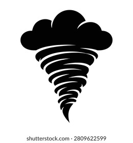 A black silhouette of a tornado vortex with a cloud formation at the top on a white background