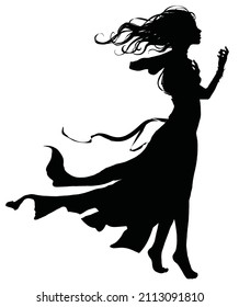 A black silhouette of a touching girl slowly gracefully walking forward barefoot, she has a long dress and hair that is blown up by a strong wind, looks ahead in the video talking to someone. 2d art