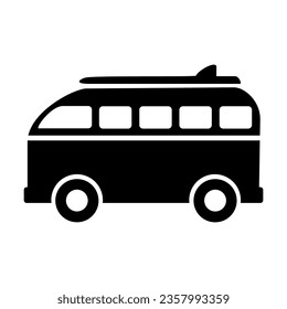 Black silhouette of touring car with surfboard on roof isolated on white. Tourist van cartoon illustration. Summer, beach holidays concept. Simple black and white vector