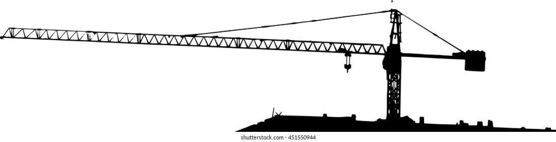 Black silhouette of a tower construction crane on top of a high building in vector format