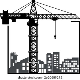 Black silhouette of a tower crane lifting a square frame, with stylized buildings and cityscape in the background. Isolated on transparent background. Ideal for construction or urban-themed projects.