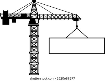 Black silhouette of a tower crane lifting a rectangular frame. Perfect for construction, engineering, or design template backgrounds. Isolated on transparent background.