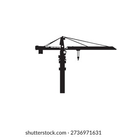 Black silhouette of tower crane on white background. Industrial heavy lifting equipment for construction sites. Engineering structure for tall buildings.