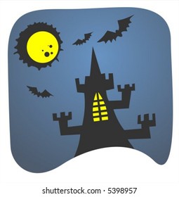 Black silhouette of a tower with shone windows on a background of the moon and the night sky.
