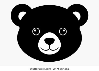 Silueta negra de una cara de oso de juguete aislada sobre un fondo blanco. Lindo bebé de peluche cabeza de oso. Concepto de juguetes infantiles, infancia, diversión, juego, tiempo de juego, diseño minimalista. Imprimir, icono, elemento de diseño