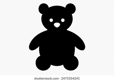 Black silhouette of toy bear isolated on a white background. Cute baby plush bear. Concept of kids toys, childhood, fun, game, playtime, minimalist design. Print, icon, design element