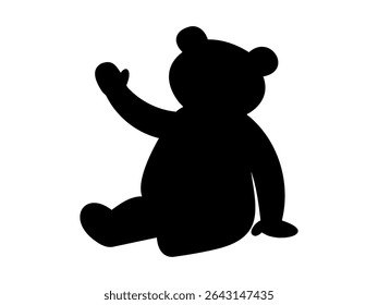 Black silhouette of toy bear in seated pose and waving isolated on white background, graphic illustration. concept of cute animal, symbol, icon, logo, wild creature, simple design element.