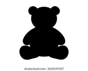 Black silhouette of toy bear in sitting pose, isolated on white background. concept of cute cartoon character, childhood, plush toy, stuffed animal, icon, logo, decor.