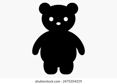 Black silhouette of a toy bear standing on a white background. Cute baby plush bear. Concept of kids toys, childhood, fun, game, playtime, minimalist design. Print, icon, design element