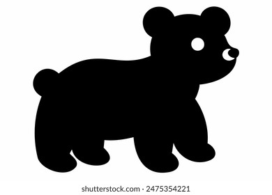 Black silhouette of toy bear standing on all fours isolated on a white background. Cute baby plush bear. Concept of kids toys, childhood, fun, game, playtime, minimalist design. Print, icon, design