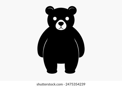 Black silhouette of a toy bear standing on a white background. Cute baby plush bear. Concept of kids toys, childhood, fun, game, playtime, minimalist design. Print, icon, design element