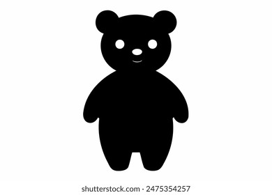 Black silhouette of a toy bear standing on a white background. Cute baby plush bear. Concept of kids toys, childhood, fun, game, playtime, minimalist design. Print, icon, design element