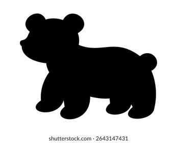 Black silhouette of toy bear in standing pose, isolated on white background, graphic illustration. concept of wild animal, cute bear icon, logo, design element.