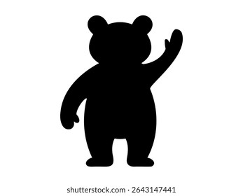 Black silhouette of a toy bear in a waving pose, isolated on white background, graphic illustration. concept of cute animal, wildlife icon, logo, design, playful character.