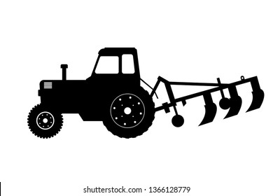 Black silhouette of tractor with plow. Farm machine. Side view.  Isolated industrial drawing. Vector illustration