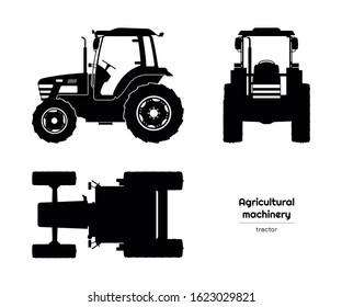 Black silhouette of  tractor. Side, front and top view of agriculture machinery. Farming vehicle. Industry isolated drawing. Vector illustration