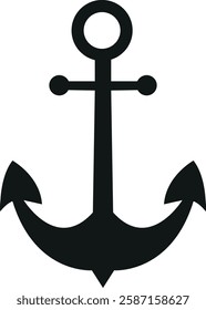 Black silhouette of a traditional anchor with curved arms and a ring at the top. Stability, strength, maritime