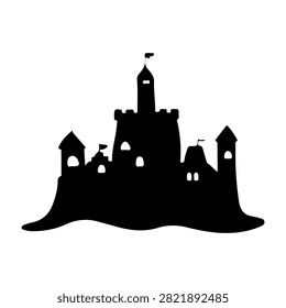 Black silhouette of a traditional castle featuring towers, battlements, and a flag, set against a plain background, emphasizing medieval architecture.