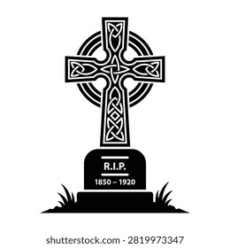 Black silhouette of a traditional Celtic cross gravestone featuring intricate knotwork patterns and RIP text. Symbolic monument for memorial, funeral, and cemetery.