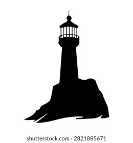 Black silhouette of a traditional lighthouse perched on rocky terrain against a plain white background, emphasizing maritime navigation and coastal safety.