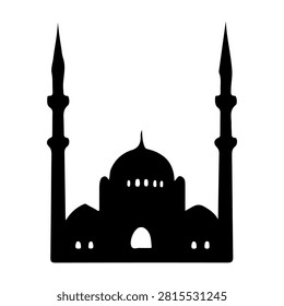 Black silhouette of a traditional mosque featuring a central dome and tall minarets, symbolizing Islamic architecture and religious significance.