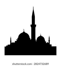 Black silhouette of a traditional mosque featuring multiple domes and tall minarets against a white background, emphasizing Islamic architecture.
