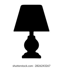 Black silhouette of a traditional table lamp with a lampshade, isolated on a plain background, emphasizing shape and form.