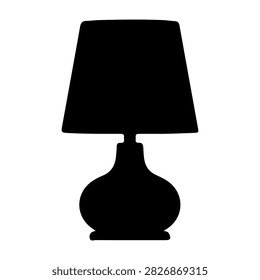 Black silhouette of a traditional table lamp with a lampshade, isolated on a white background, emphasizing shape and form.