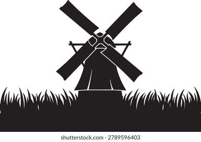 A black silhouette of a traditional windmill standing in a grassy field against a white background.