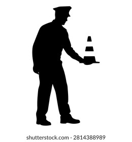 Black silhouette of a traffic controller holding traffic cones, emphasizing safety and regulation in road management.