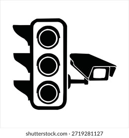 Semáforo negro de la silueta con la cámara del CCTV para la vigilancia del camino aislada en el fondo blanco