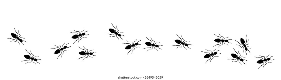 Black silhouette trail of ants marching in random directions. Insect line vector illustration for biology, nature education, pest control, or design elements.