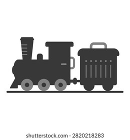 a black silhouette of a train with a trash cart attached, side view, simple illustration