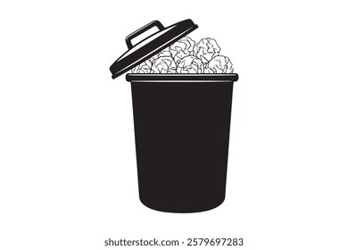 Black Silhouette Trash Bin with Open Lid and Paper Waste